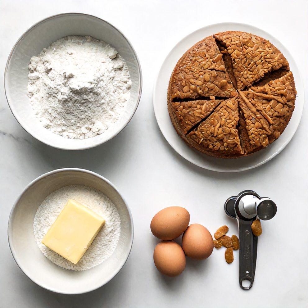 Ingredients for Sweet Toffee Crunch Holiday Cake including flour, sugar, butter, eggs, and toffee bits
