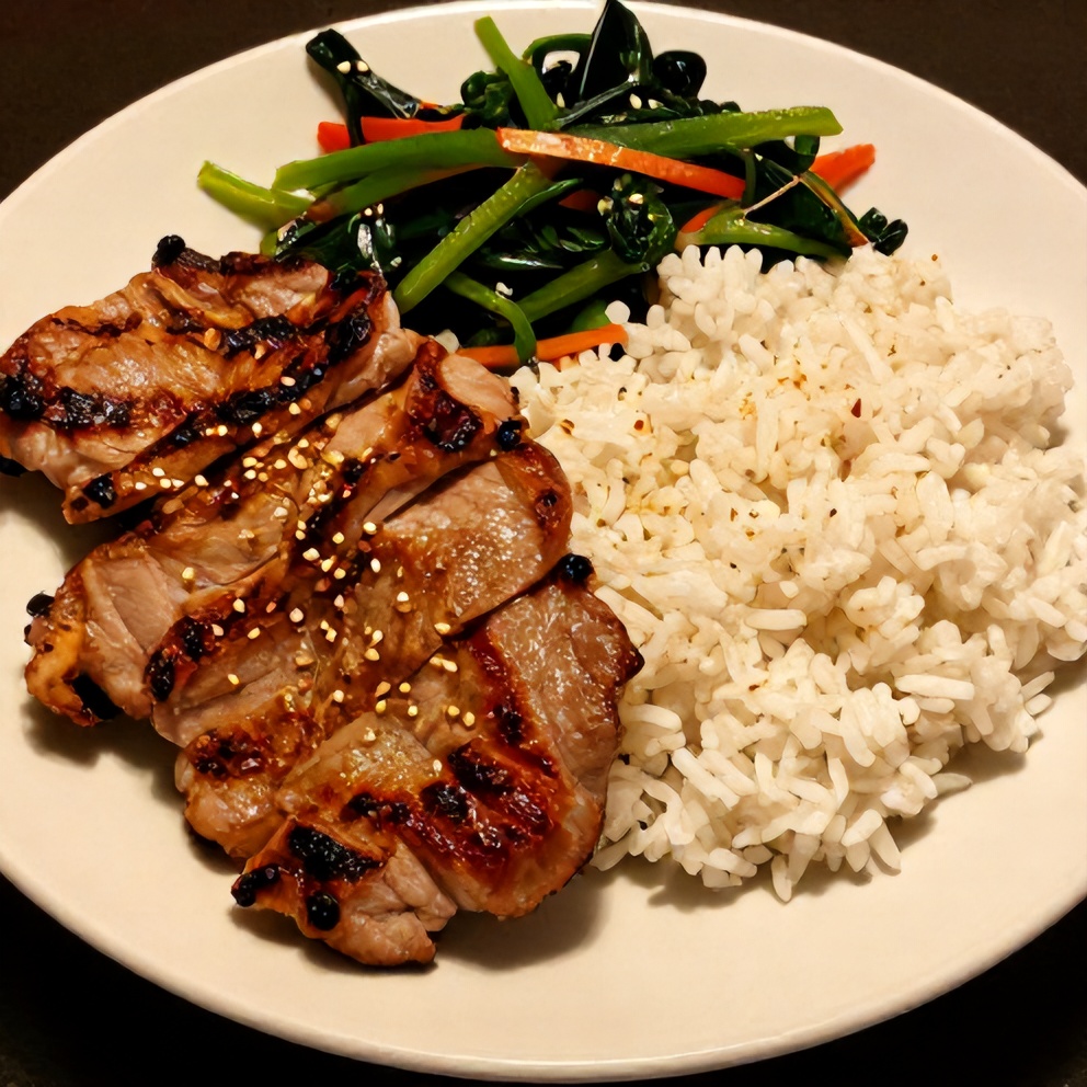 Plated teriyaki pork chops with steamed rice and stir-fried vegetables