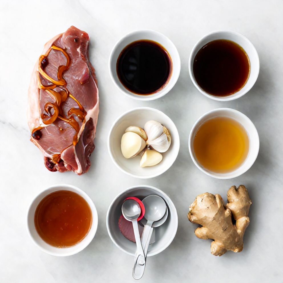 Raw ingredients for teriyaki pork chops including pork chops, soy sauce, honey, garlic, and ginger