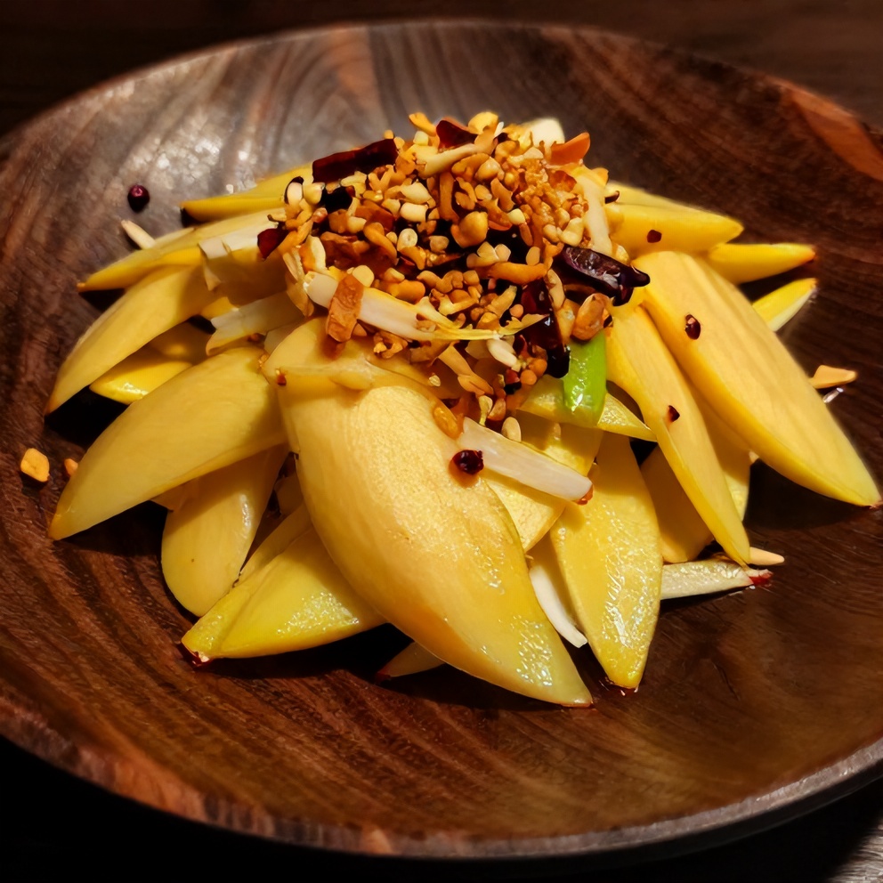 Thai Mango Salad plated with crispy garlic and chilies