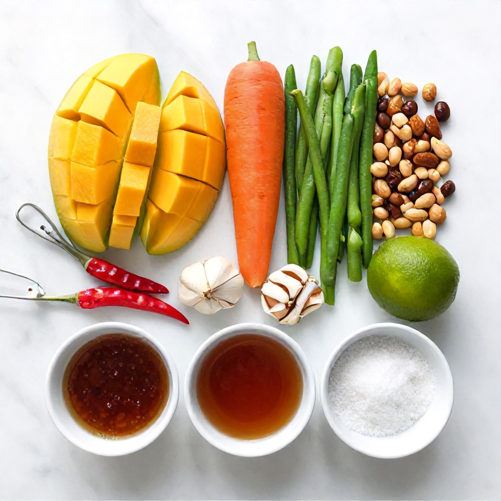 Thai Mango Salad ingredients: mango, carrots, peanuts, green beans, garlic, chilies, fish sauce, lime, sugar, and palm sugar