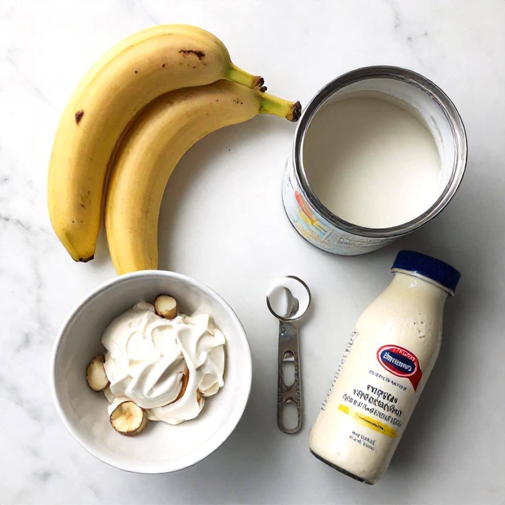 Bananas, coconut milk, and vanilla extract on a marble surface