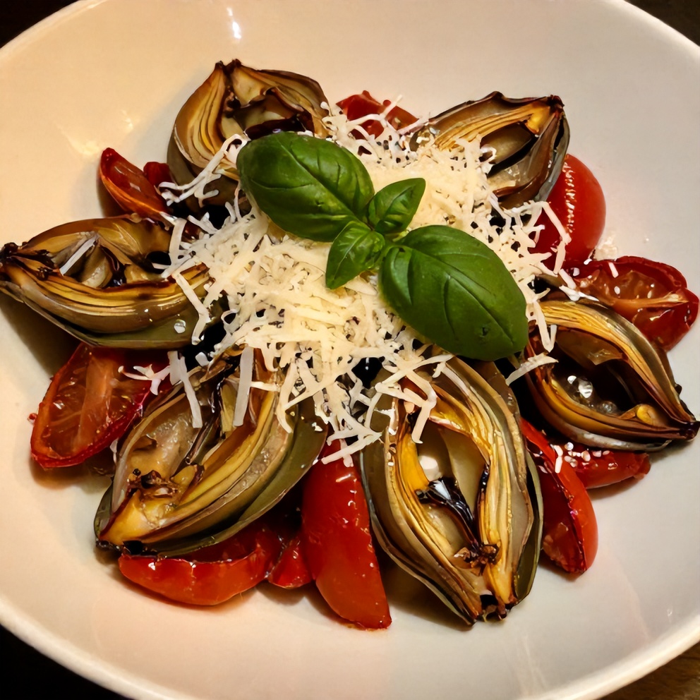 Plated Tuscan Artichoke Tomato Salad with fresh basil
