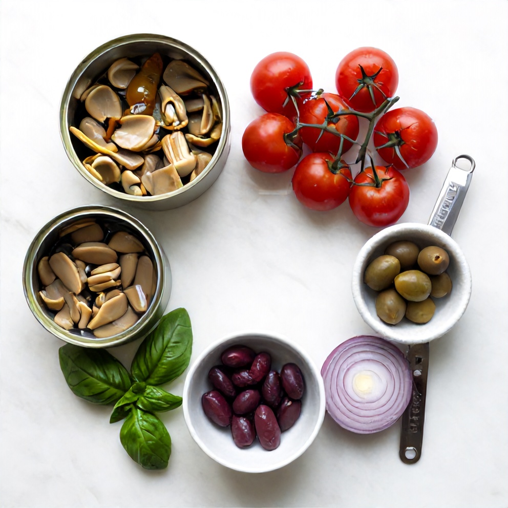 Raw ingredients for Tuscan Artichoke Tomato Salad