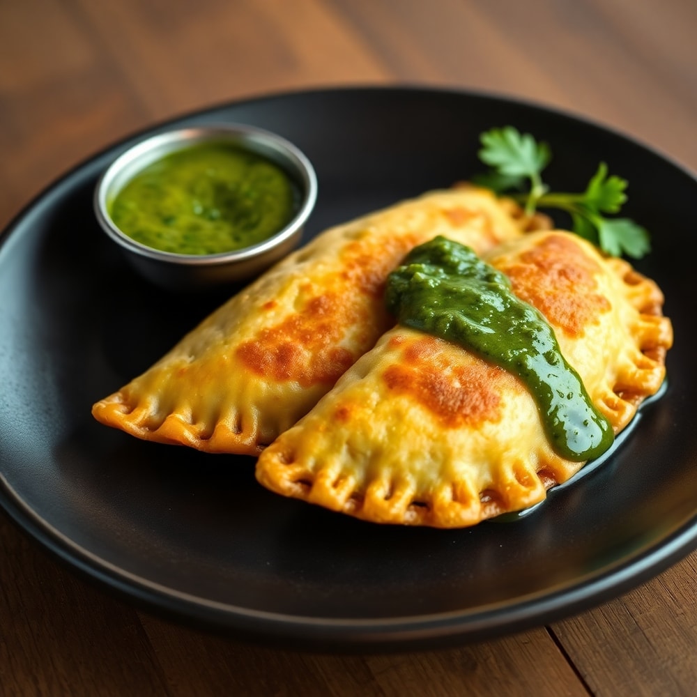 Plated vegan lentil empanadas with chimichurri sauce