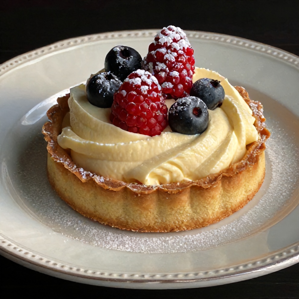 Finished Velvety Cream Tart Laurea on a vintage plate