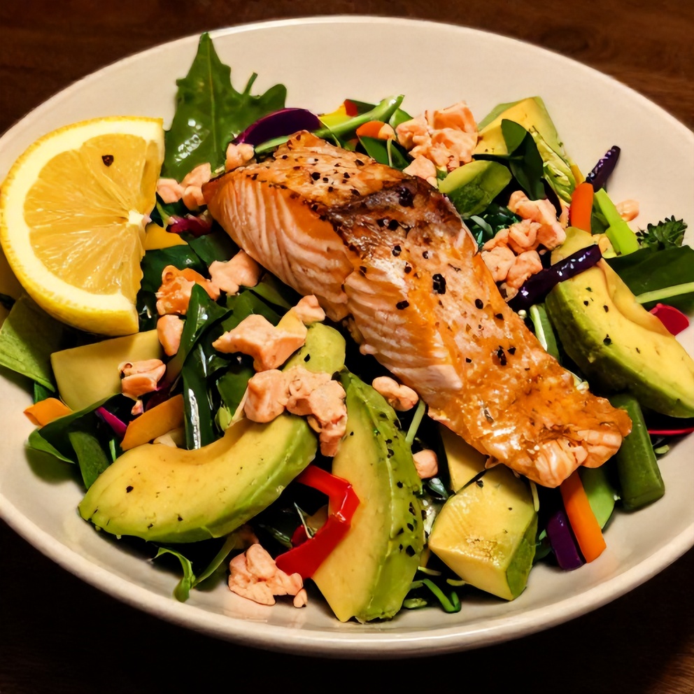 Plated vibrant salmon salad with lemon wedge and fresh herbs