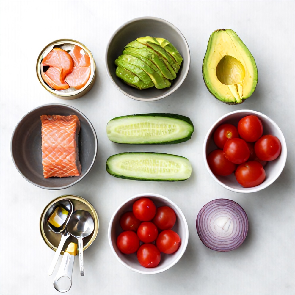 Raw ingredients for vibrant salmon salad: canned salmon, avocado, cucumber, cherry tomatoes, red onion